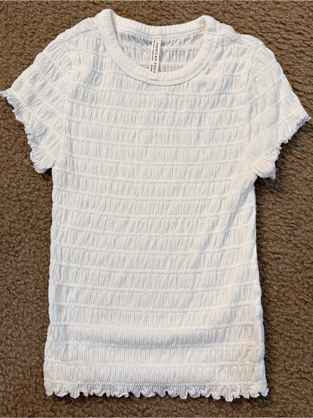 American Eagle White Smocked Short-Sleeve Top